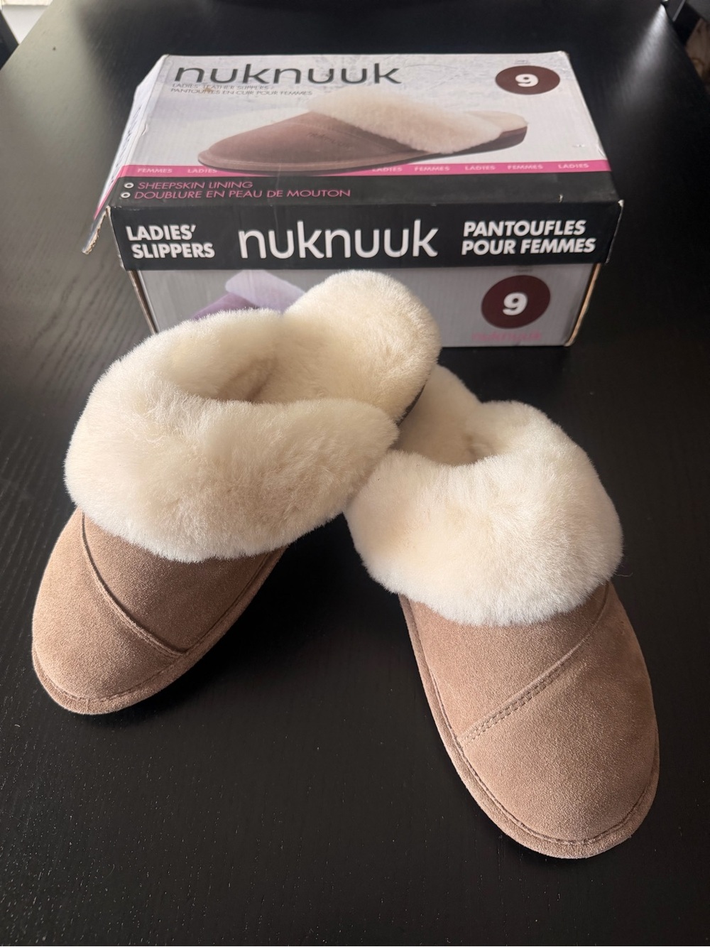 Nuknuuks Women's Tan Suede Slippers with Cream Sheepskin Cuff